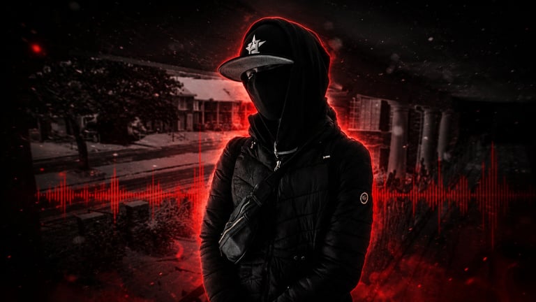 Silhouette of person in black hoodie and cap with glowing red neon aura and audio waveform effect