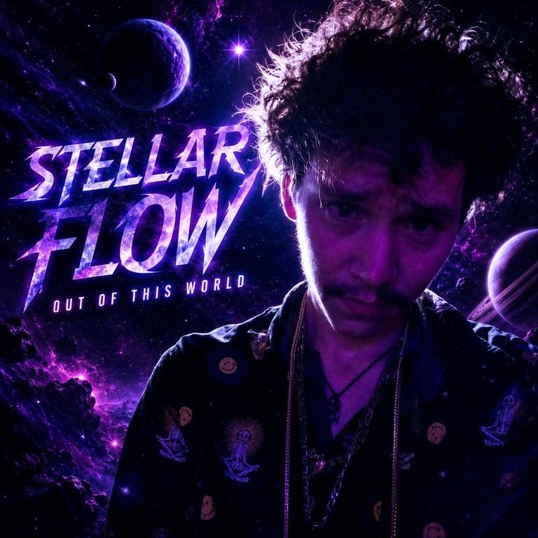 Man in cosmic neon purple setting with glowing text Stellar Flow Out of This World and planets in background