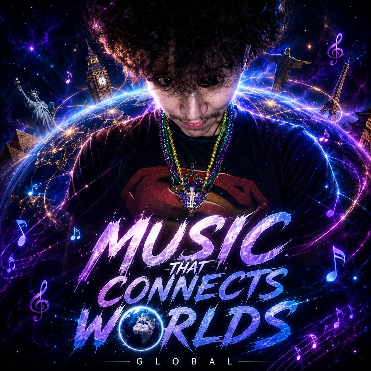 Man with curly hair wearing beaded necklace surrounded by glowing blue electric energy and music notes with text Music That Connects Worlds