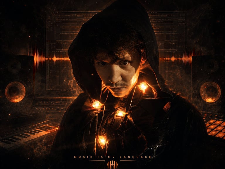 Person in dark hoodie with glowing lights and audio waveforms in moody studio setting